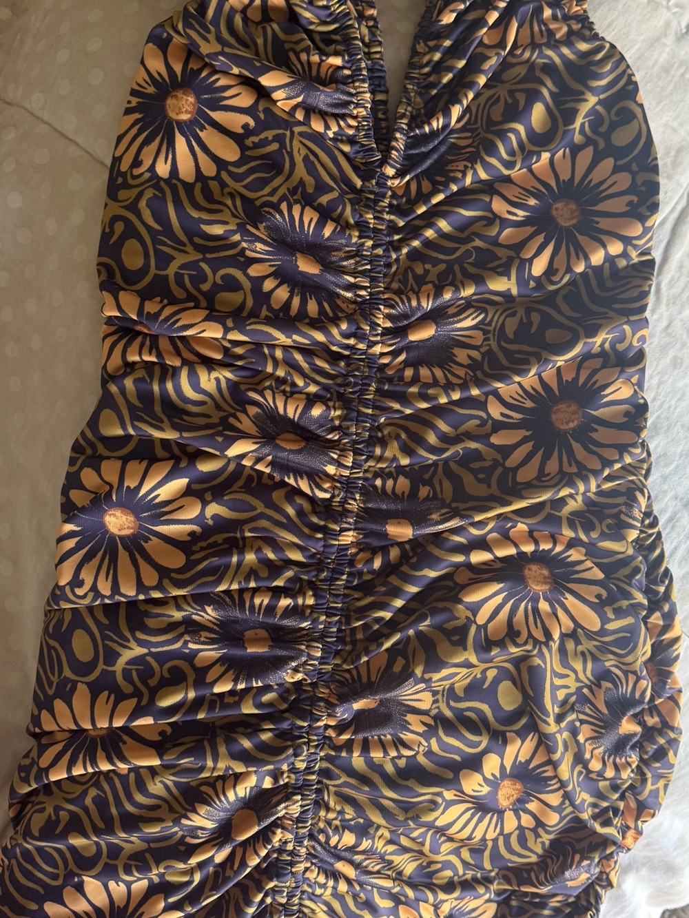Free People Navy and Gold Floral Ruched Mini Skirt
